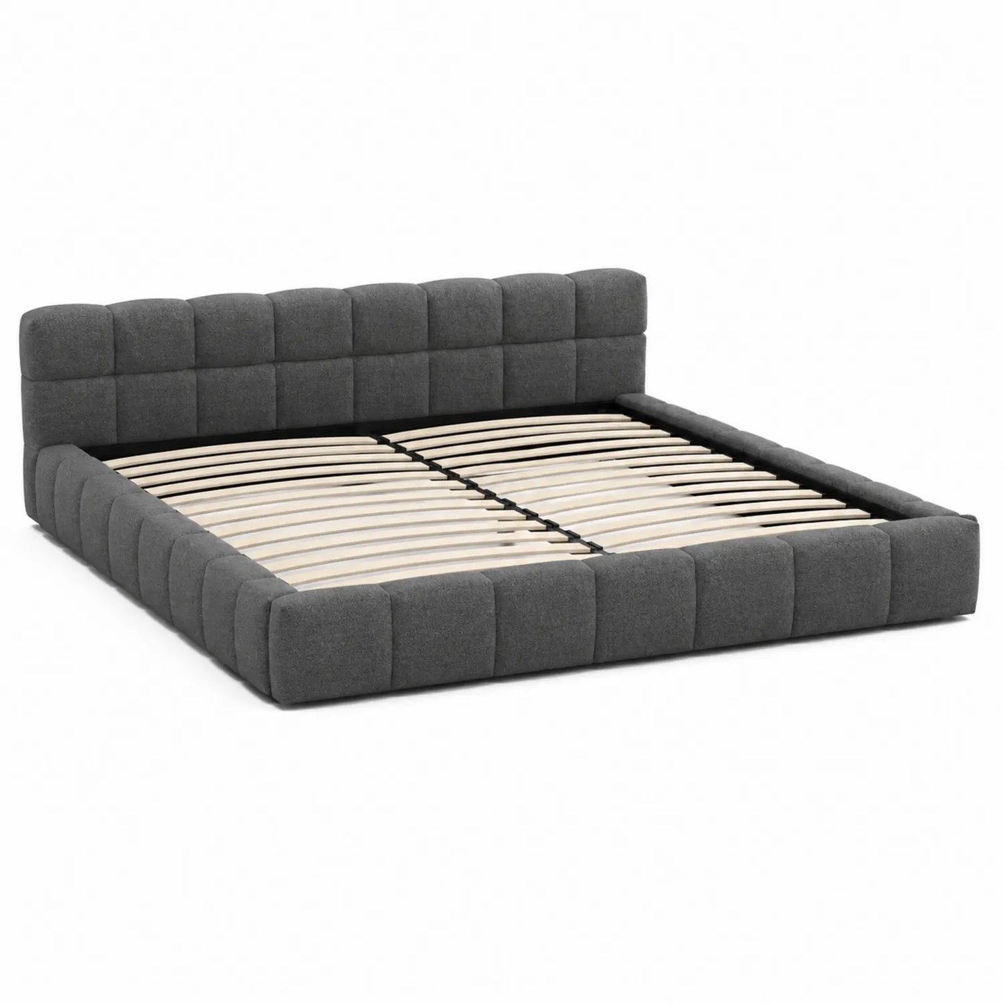 Cama tapizada en tela gris oscuro con somier