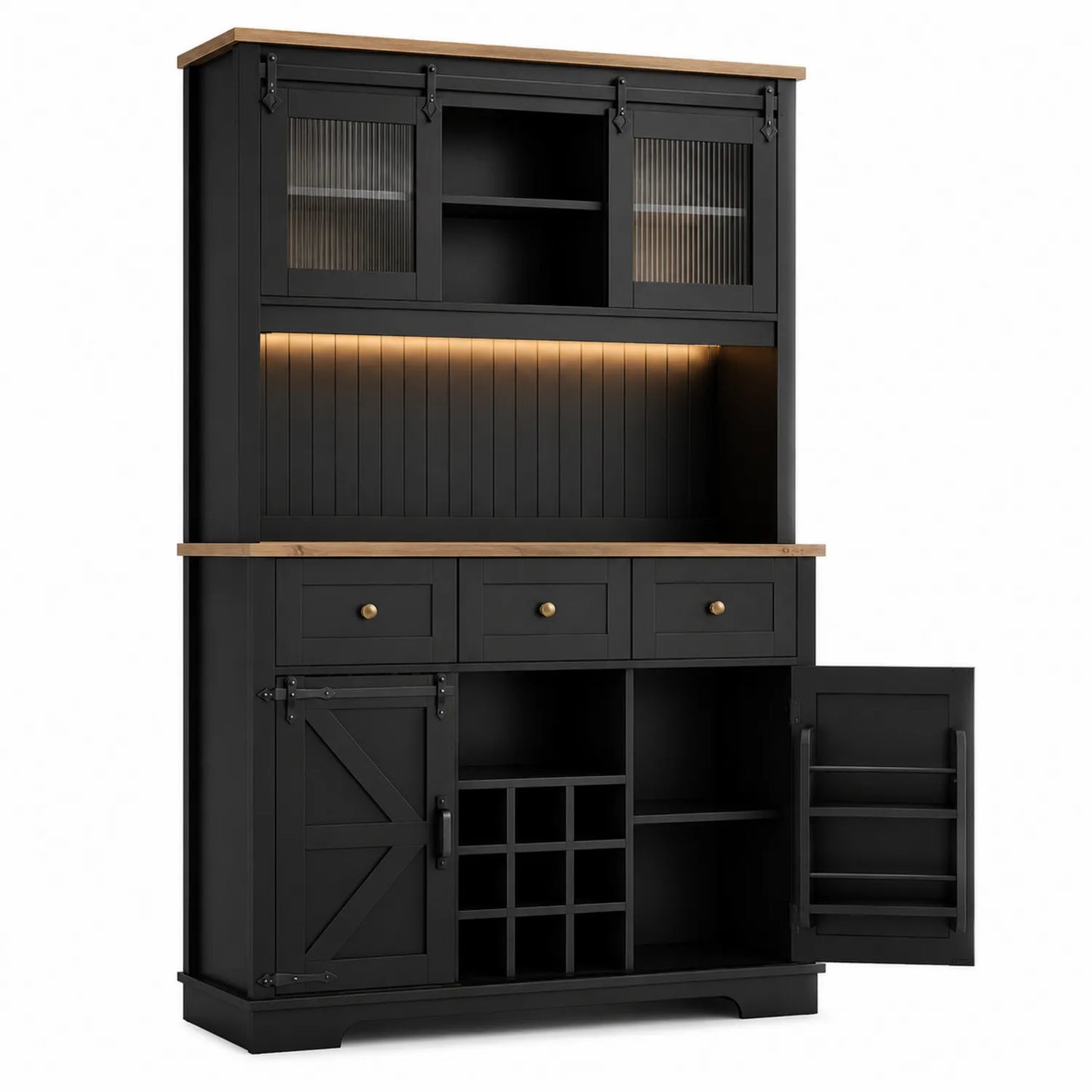 Armario de madera y vidrio negro con LED 205x145x40 cm