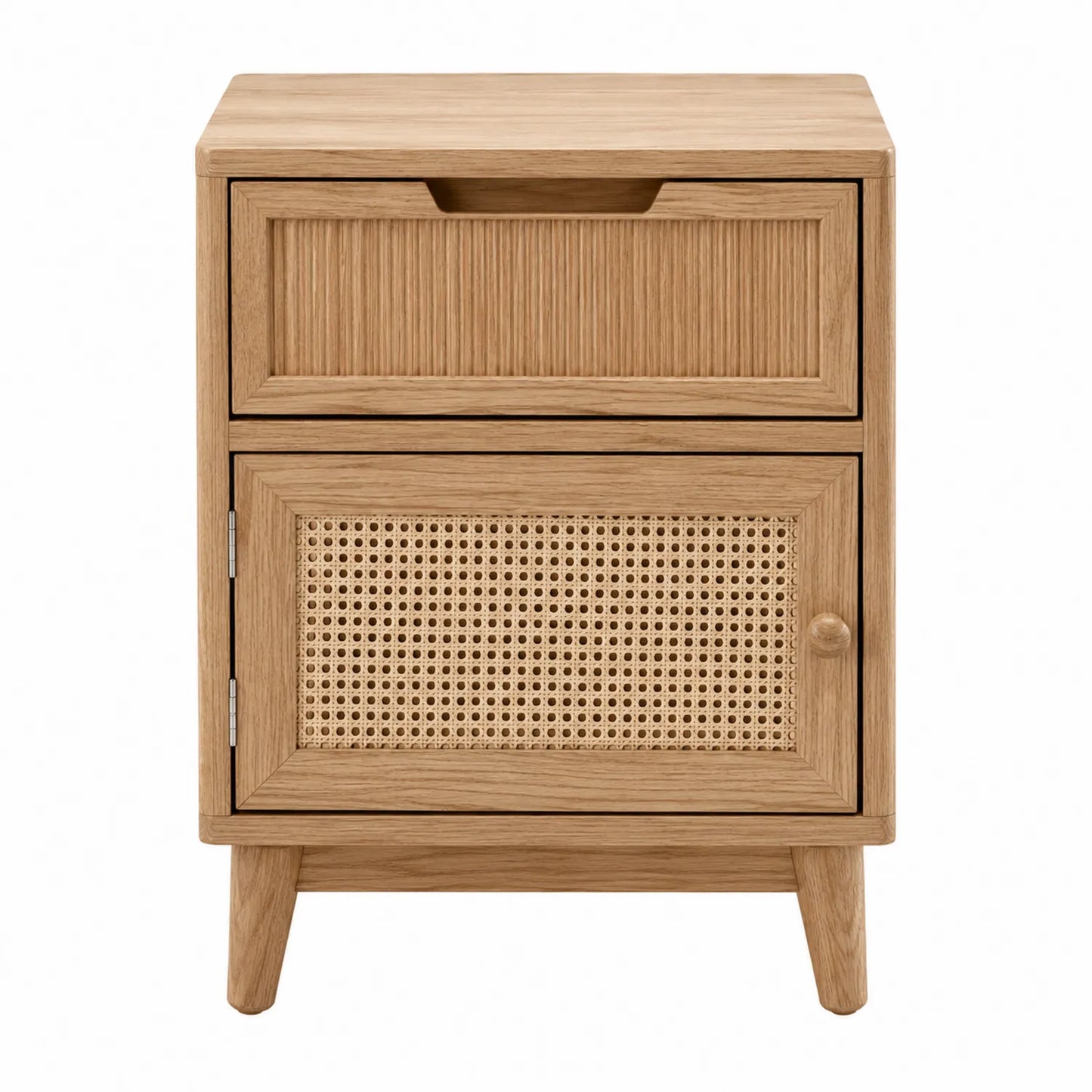 Mesita de noche de madera de roble con puerta de ratán y cajón