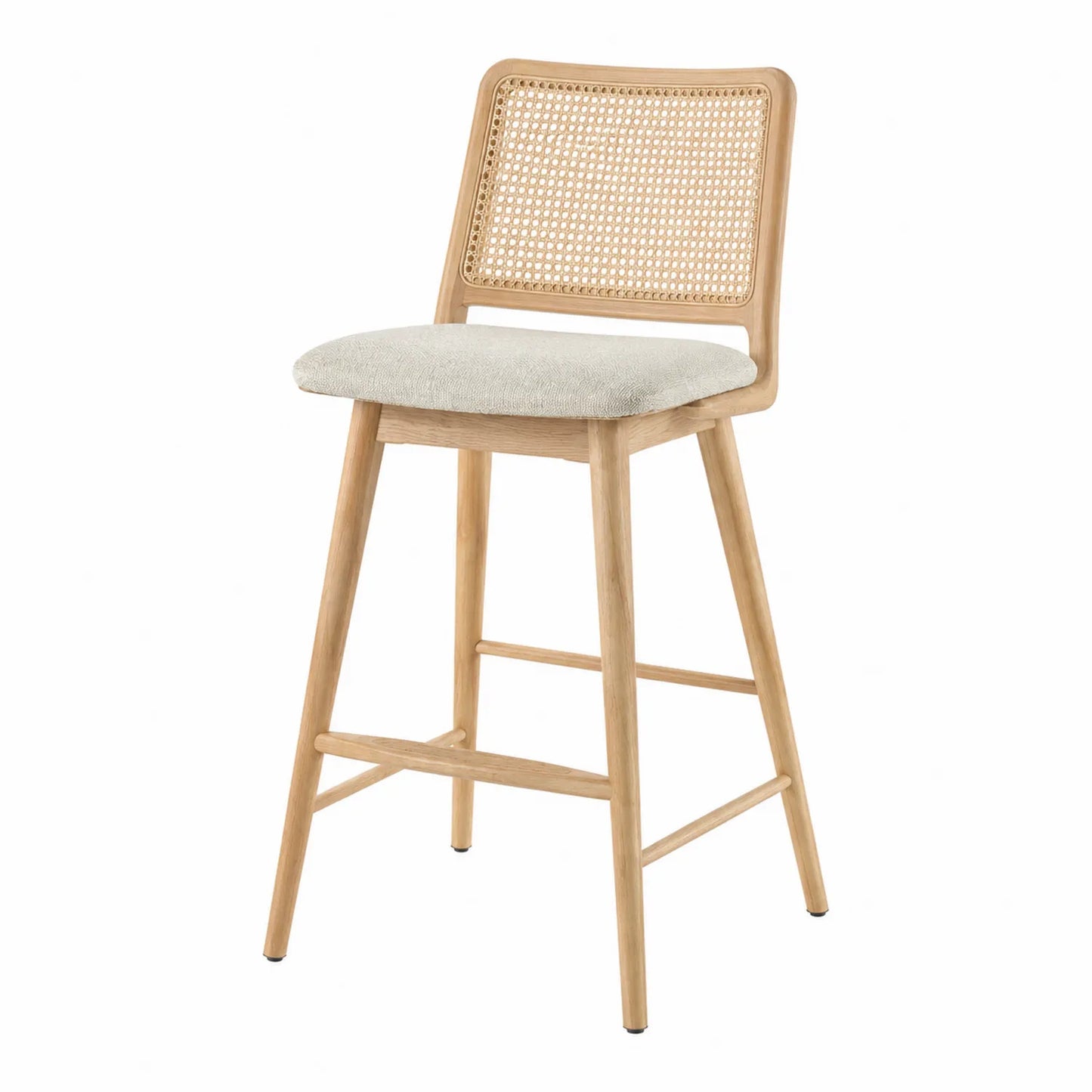 Taburete de madera maciza con asiento de poliéster y respaldo de ratán