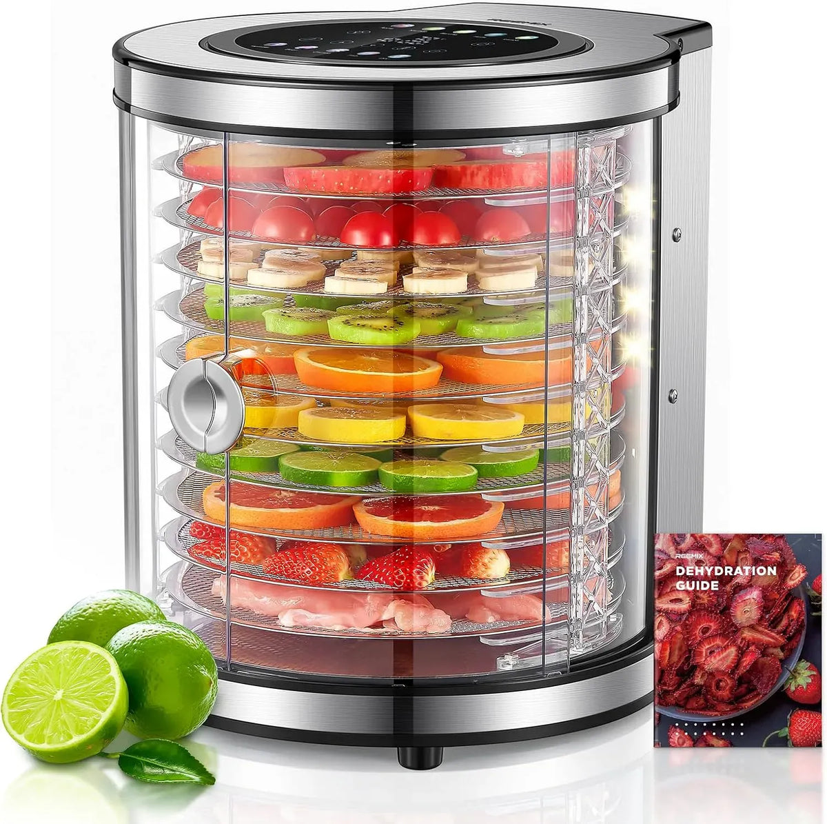 Wäschetrockner 48H, 850 W, 35 bis 75 °C, Timer, LCD-Display, leise, Edelstahl, Dörrautomat Edelstahl mit 10 Etagen