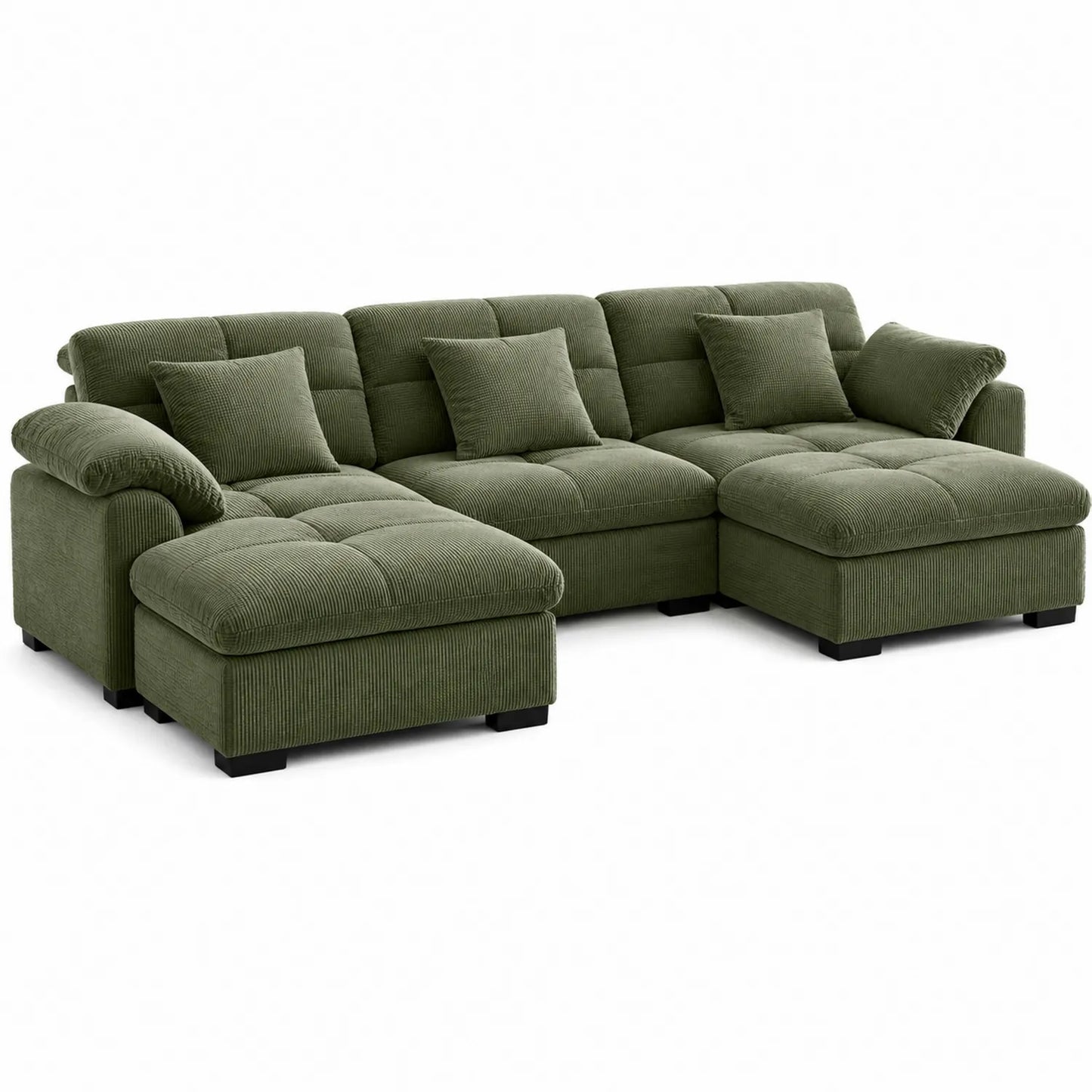 Sofá chaise longue en L de pana verde y madera contrachapada
