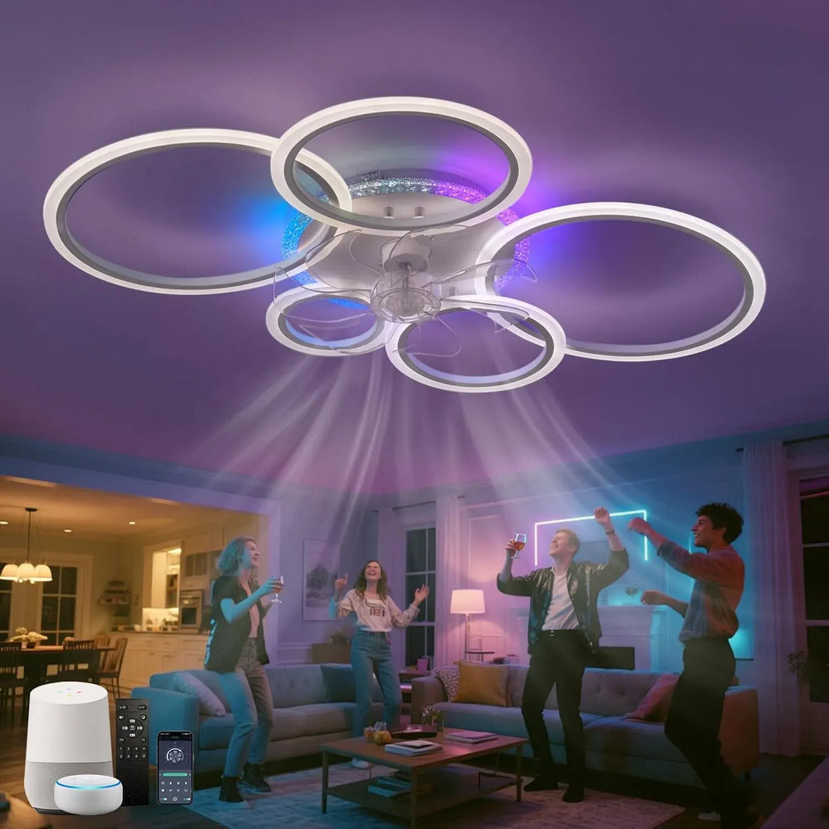 Ventilator, 95cm, RGB, leise, Weiß, Ventilator zur Luftzirkulation, Leise Lampe mit Ventilator Alexa Kompatibel