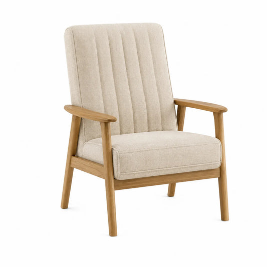 Silla tapizada en tela beige con estructura de madera de roble