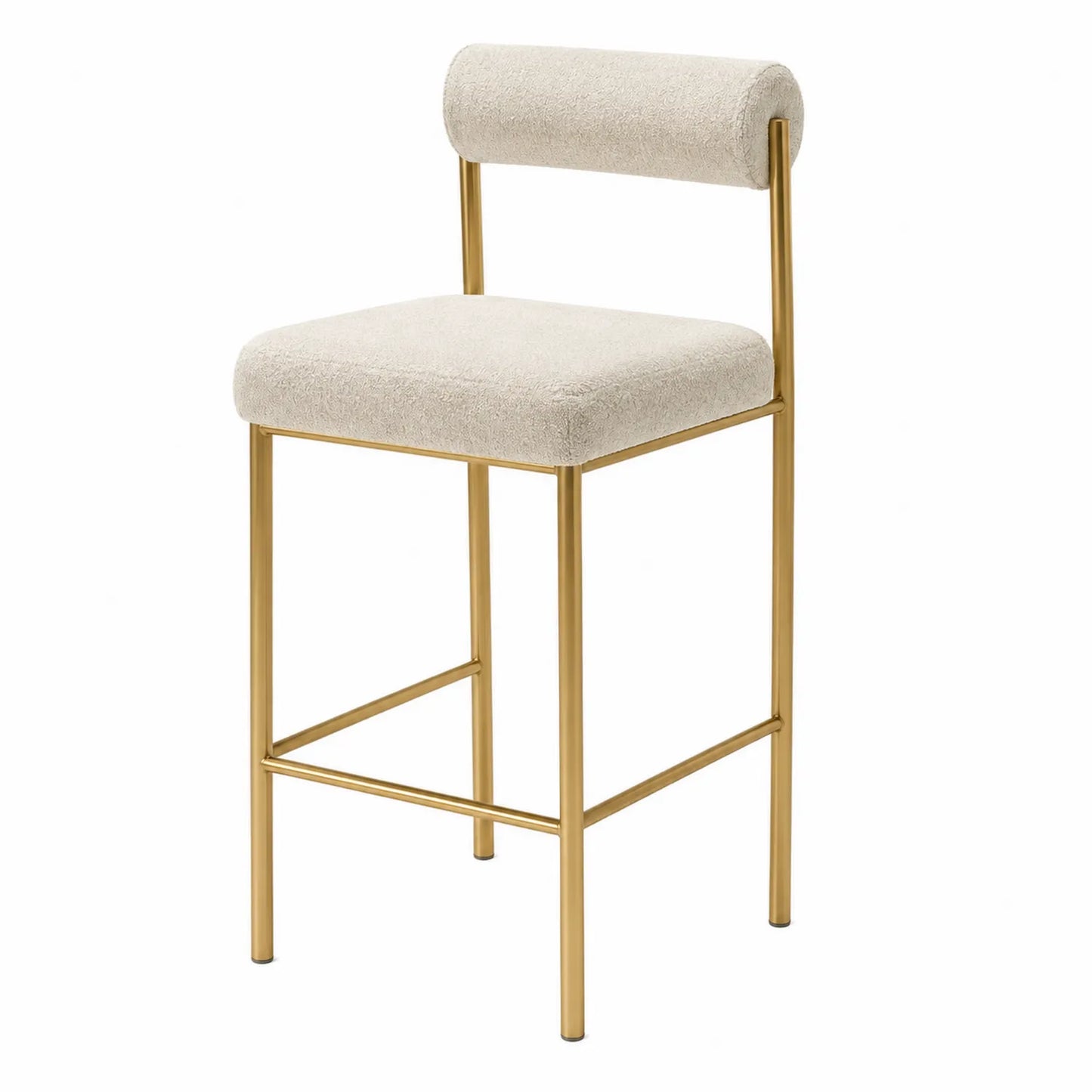 Taburete de metal dorado con asiento de tela beige