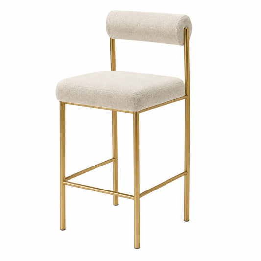 Taburete de metal dorado con asiento de tela beige