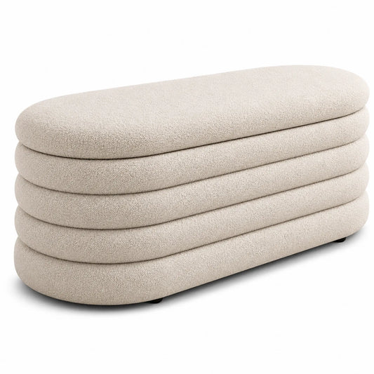 Banco tapizado en tela bouclé beige con estructura de madera 120x45x45 cm