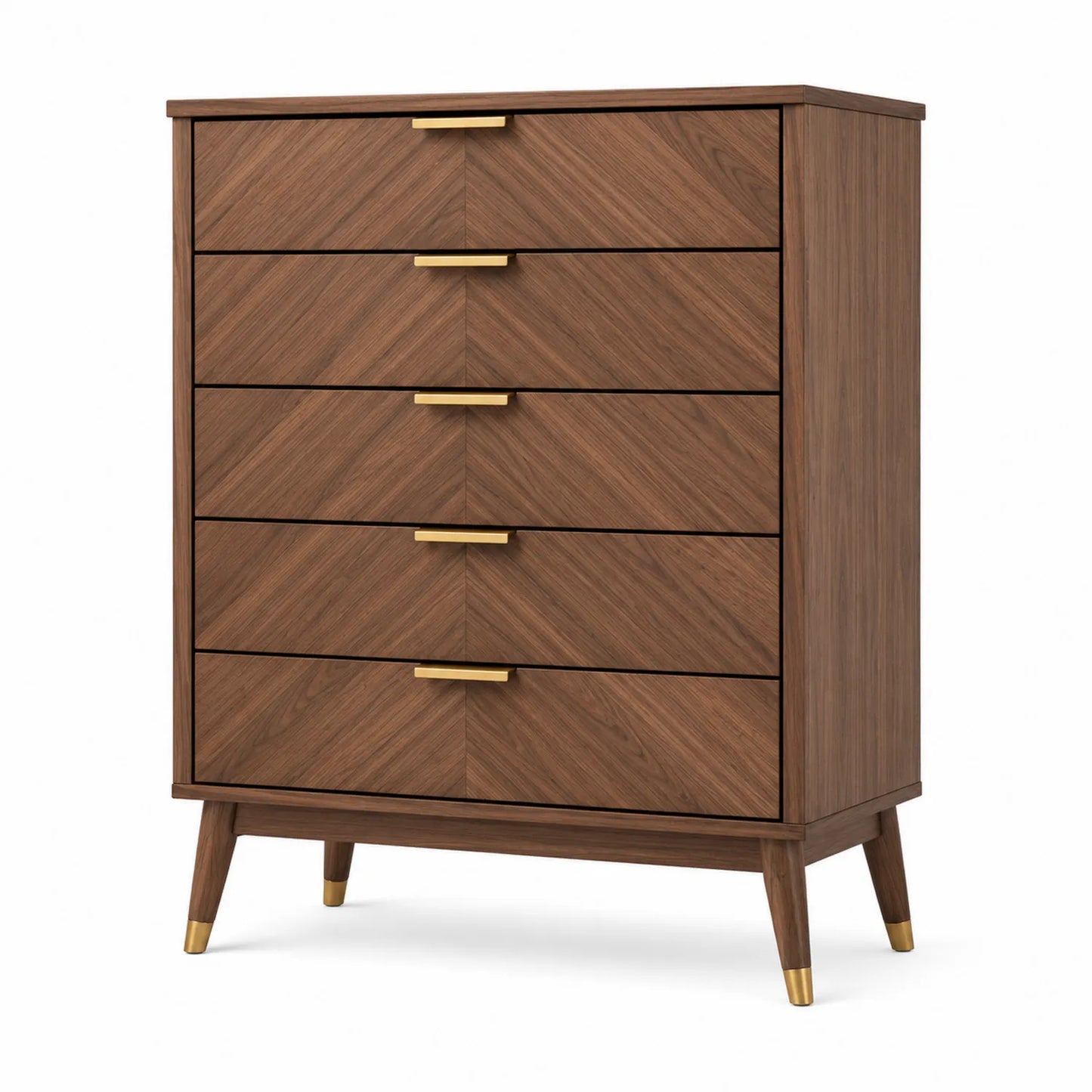 Cómoda de Madera de Nogal con 5 Cajones y Tiradores de Metal Dorado