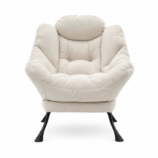Sillón de tela de poliéster beige con patas de metal negro