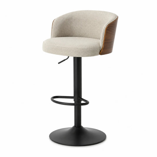 Taburete de Bar Ajustable de Tela y Metal con Respaldo Curvo