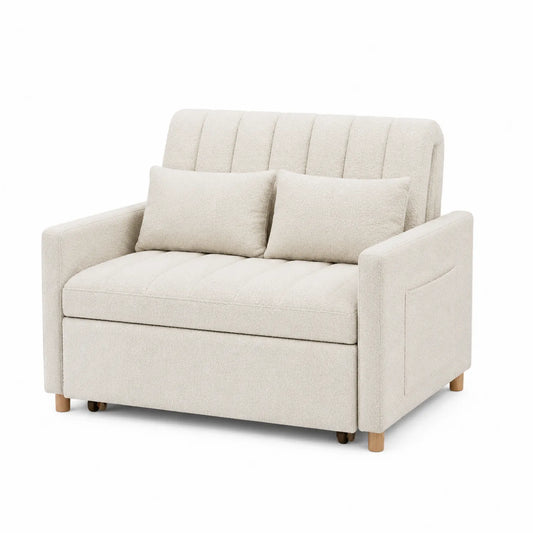 Sofá de tela poliéster beige con patas de madera