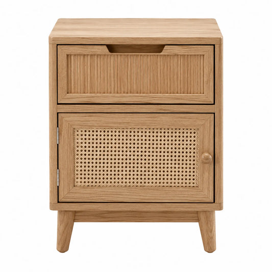 Mesita de noche de madera de roble con puerta de ratán y cajón