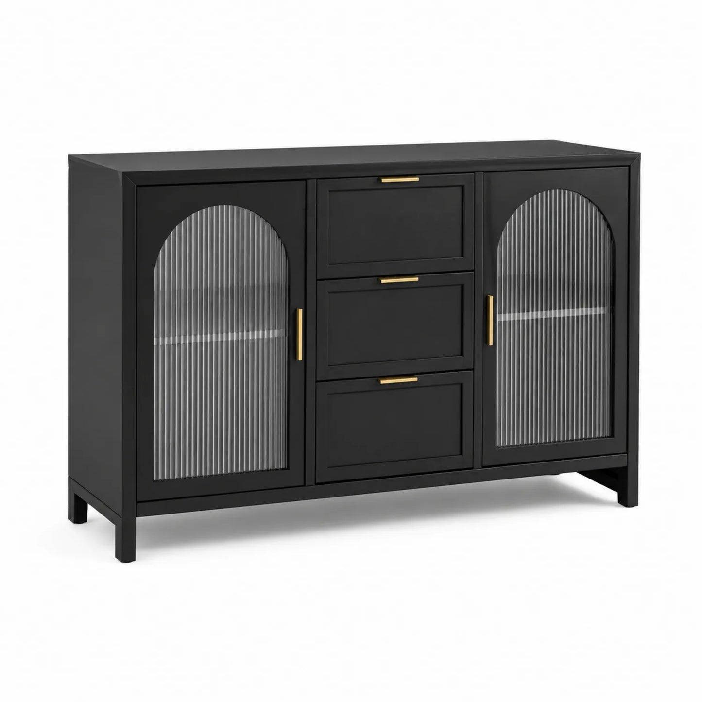 Aparador de Madera Negro con Puertas de Vidrio Templado Estriado y Cajones 150x40x85 cm