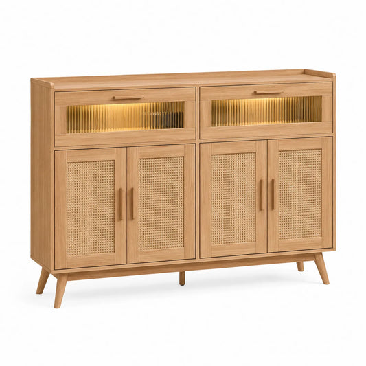 Aparador de Madera de Roble con Puertas de Ratán y Luces LED