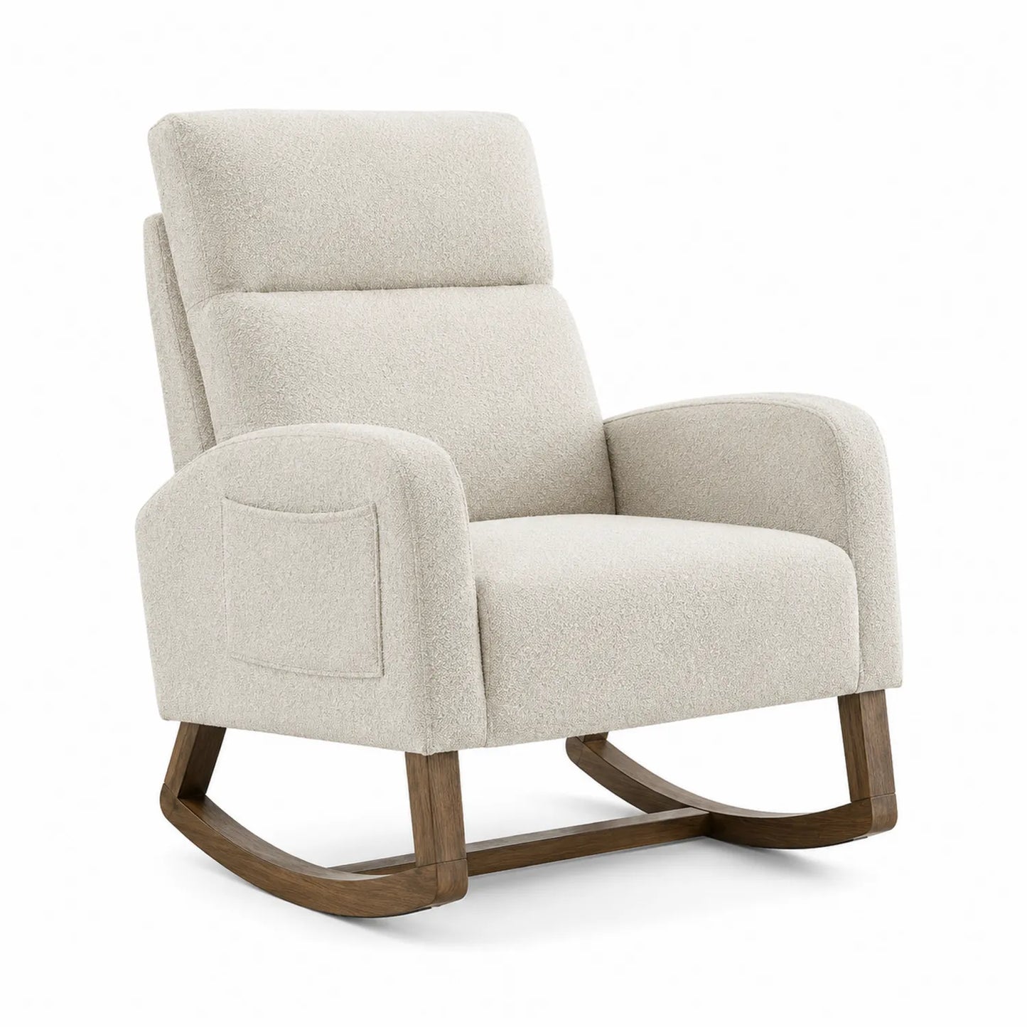 Silla mecedora de poliéster beige con estructura de madera 100 cm x 75 cm x 85 cm