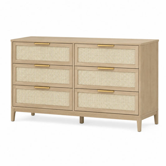 Cómoda de 6 cajones de madera y ratán beige