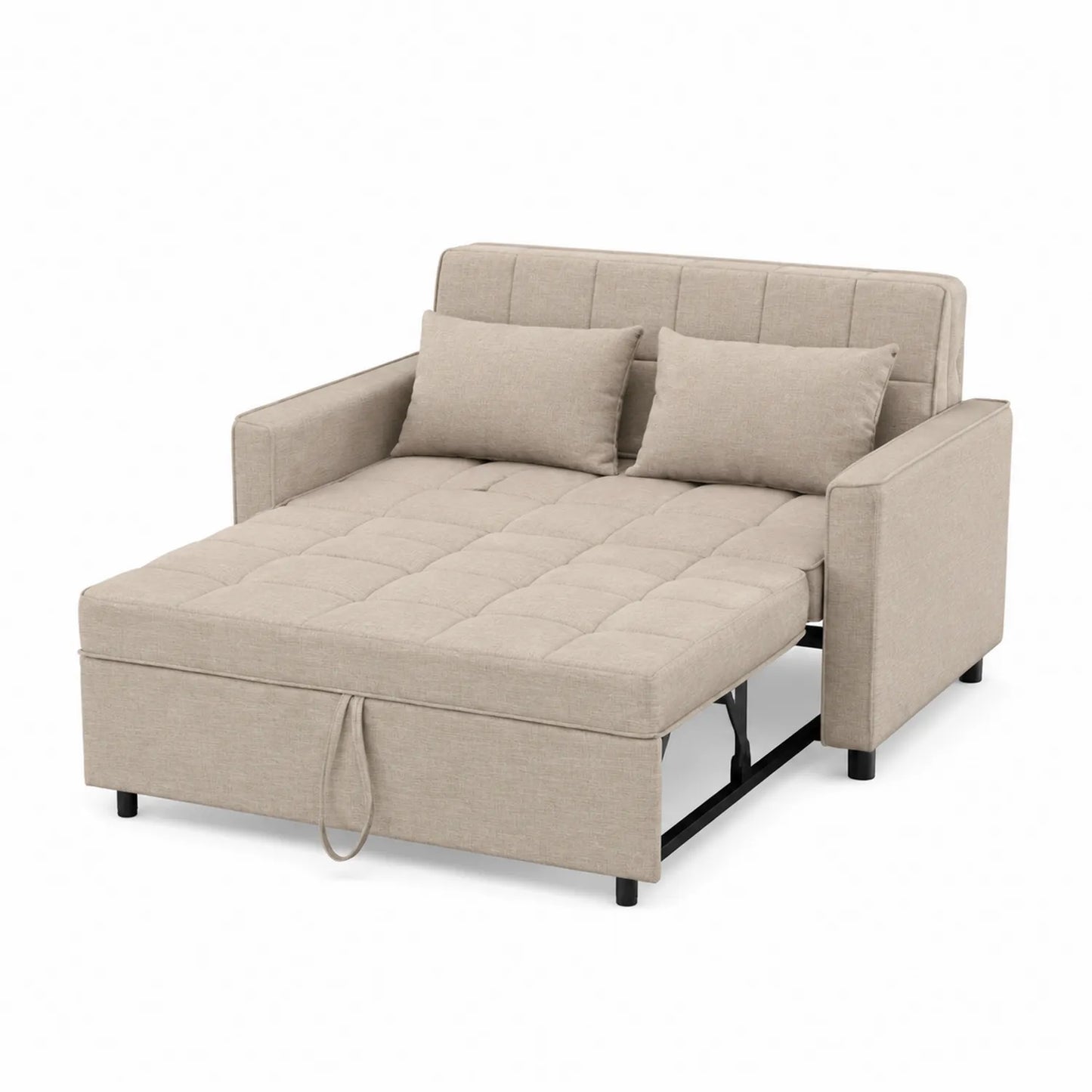 Sofá cama de tela beige con estructura de metal