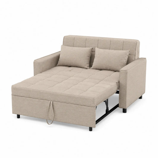 Sofá cama de tela beige con estructura de metal