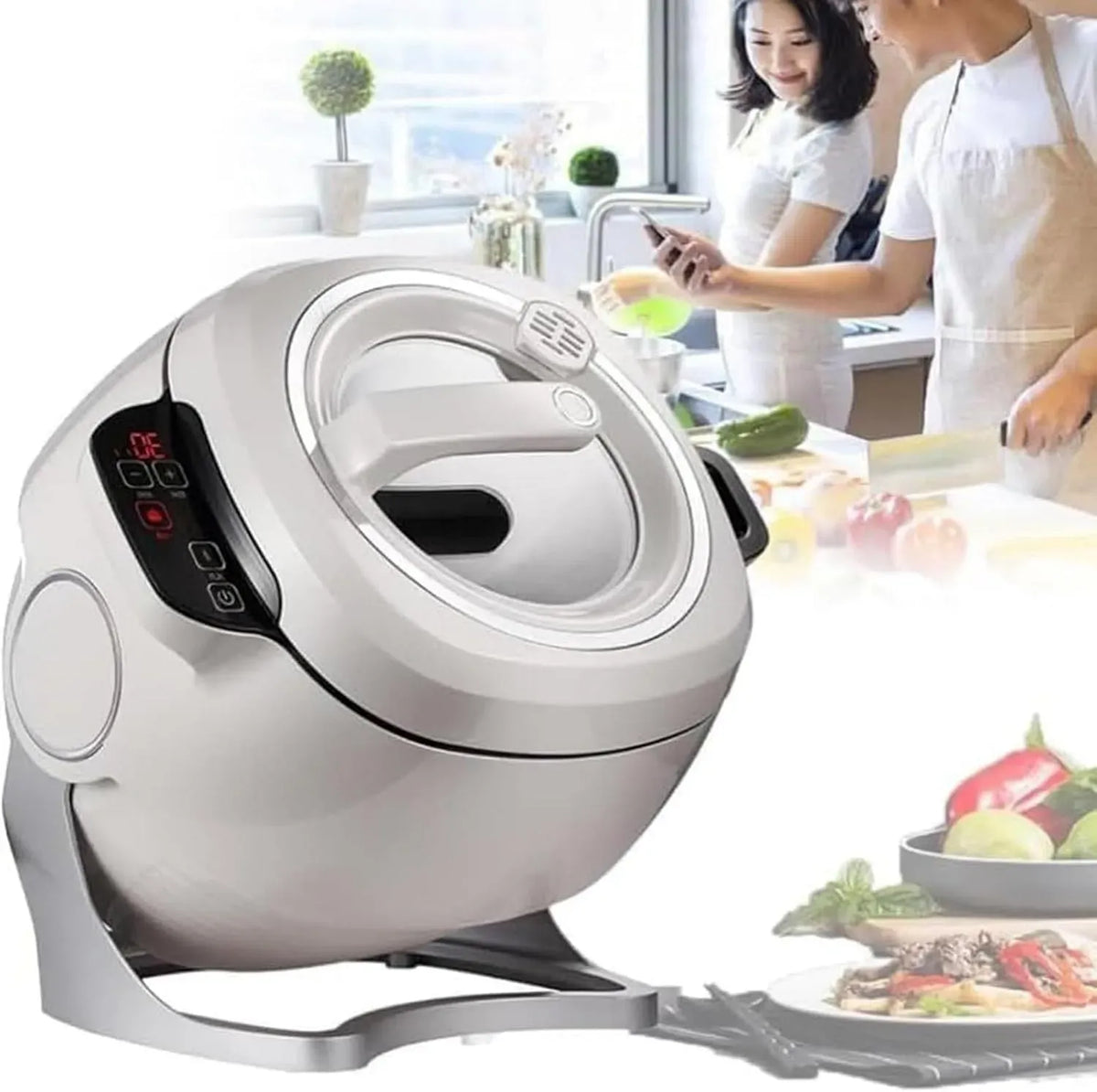 Küchenmaschine, 6 L, tragbar, Touch-Bedienung, 6L Automatischer Bratkocher mit 360° Drehung, tragbares Küchengerät