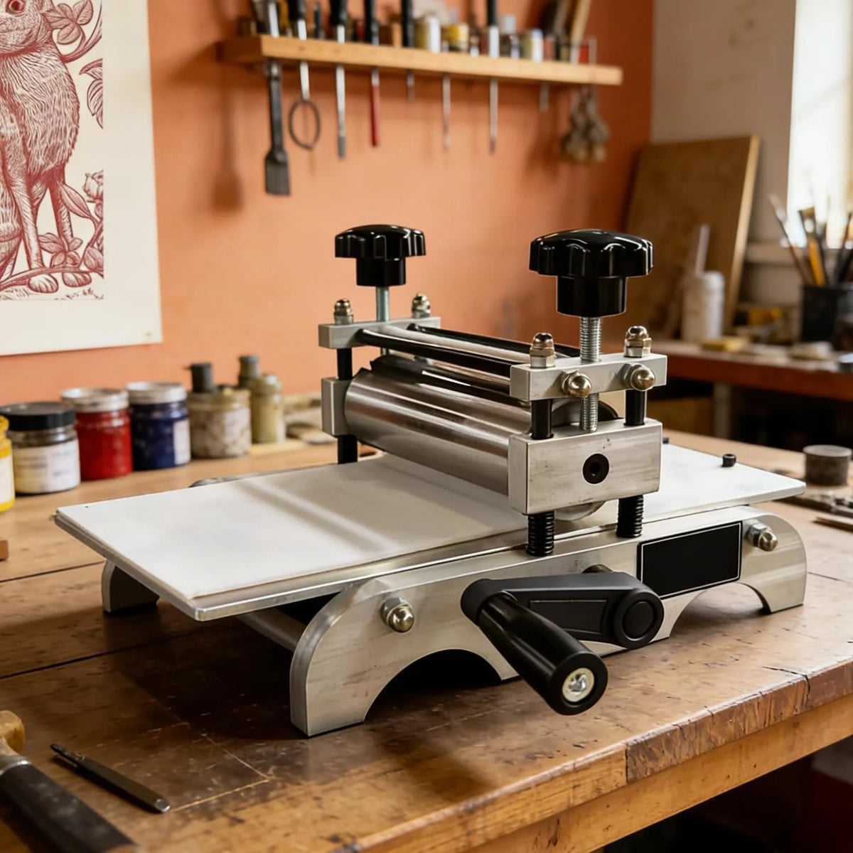 Druckpresse, Ätzpresse, tragbar, Holz, für Papier