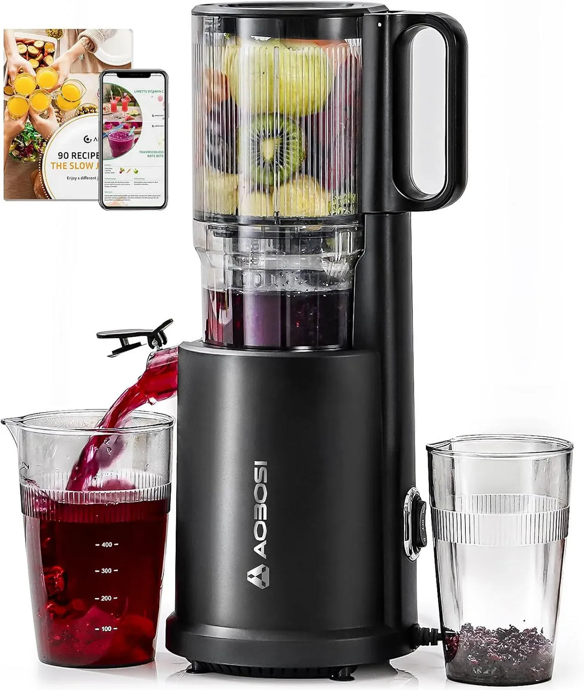 Entsafter, 200 W, AOBOSI, leise, Slow Juicer mit 135 mm großer Einfüllöffnung, BPA-frei & leise
