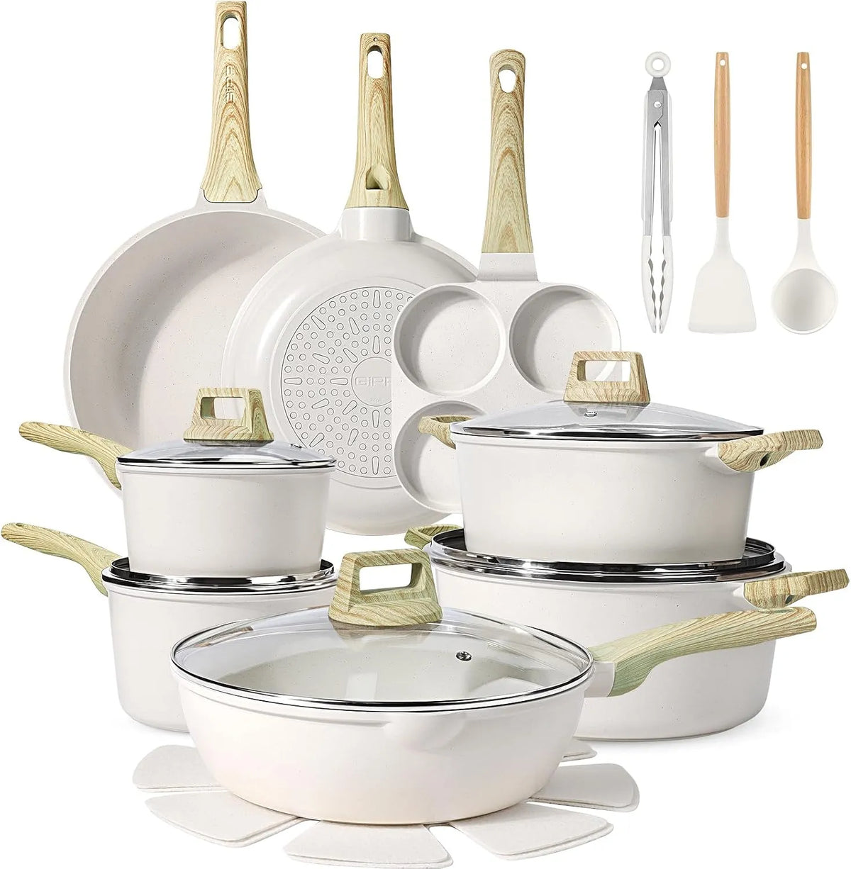 Geschirrspüler, Spülmaschine, GiPP 22-teiliges 4-Loch-Pfanne, Antihaftbeschichtung, Weiß, Keramik-Kochgeschirr-Set, Antihaftbeschichtet, PFAS-frei