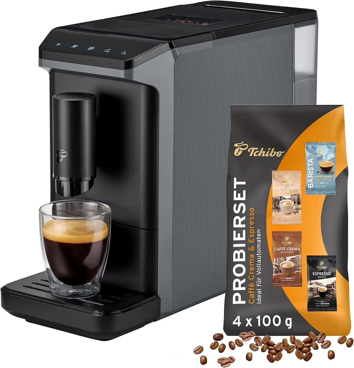 Kaffeevollautomat, 16cm, Camping, Grau, nur 16cm breit, INKLUSIVE Kaffeeprobierset GRATIS