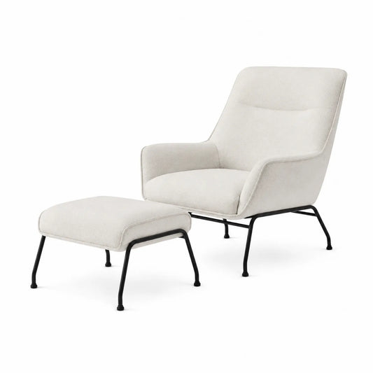 Sillón y Reposapiés de Tela Beige con Patas Metálicas