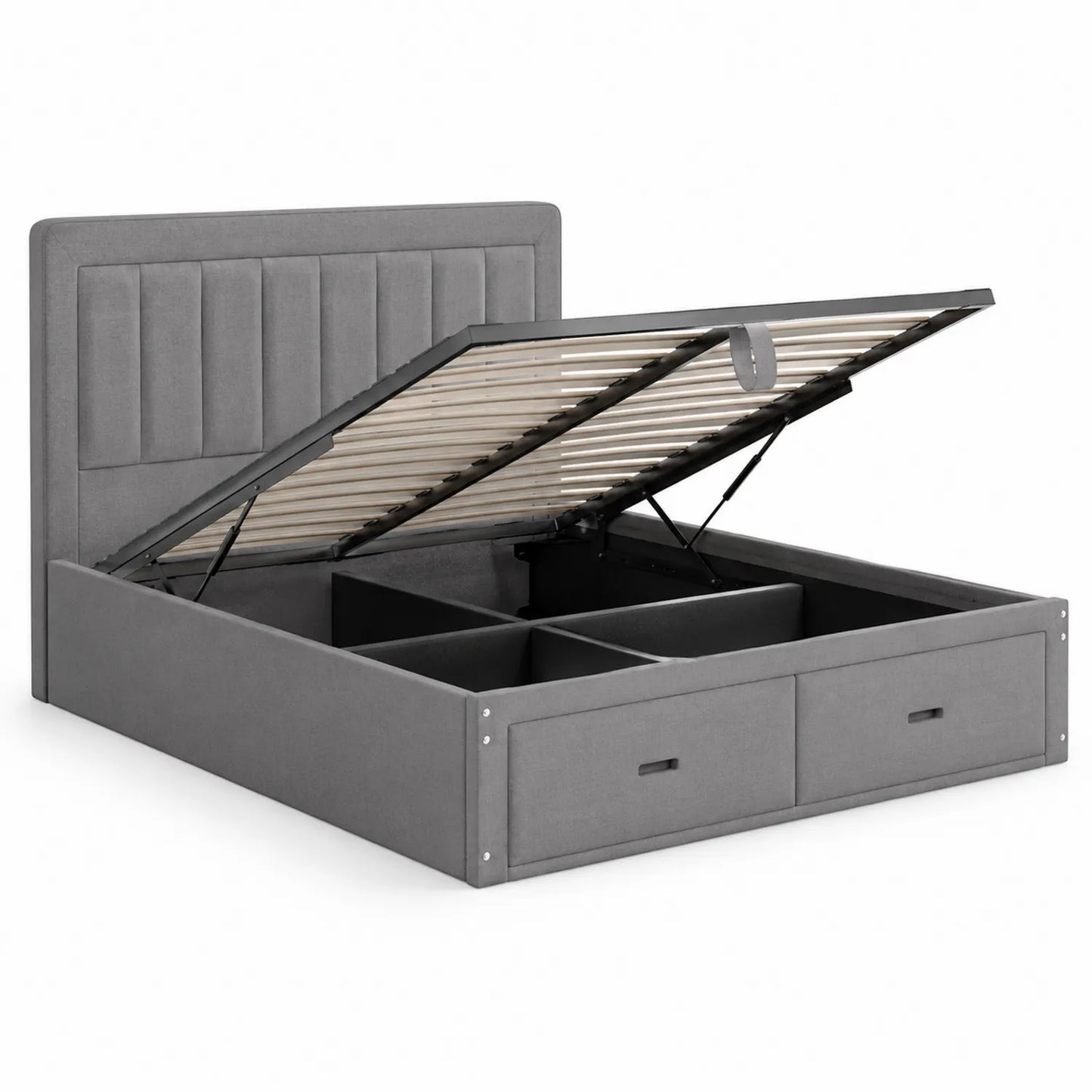 Cama doble con almacenamiento en tela gris y mecanismo elevable 200x160 cm