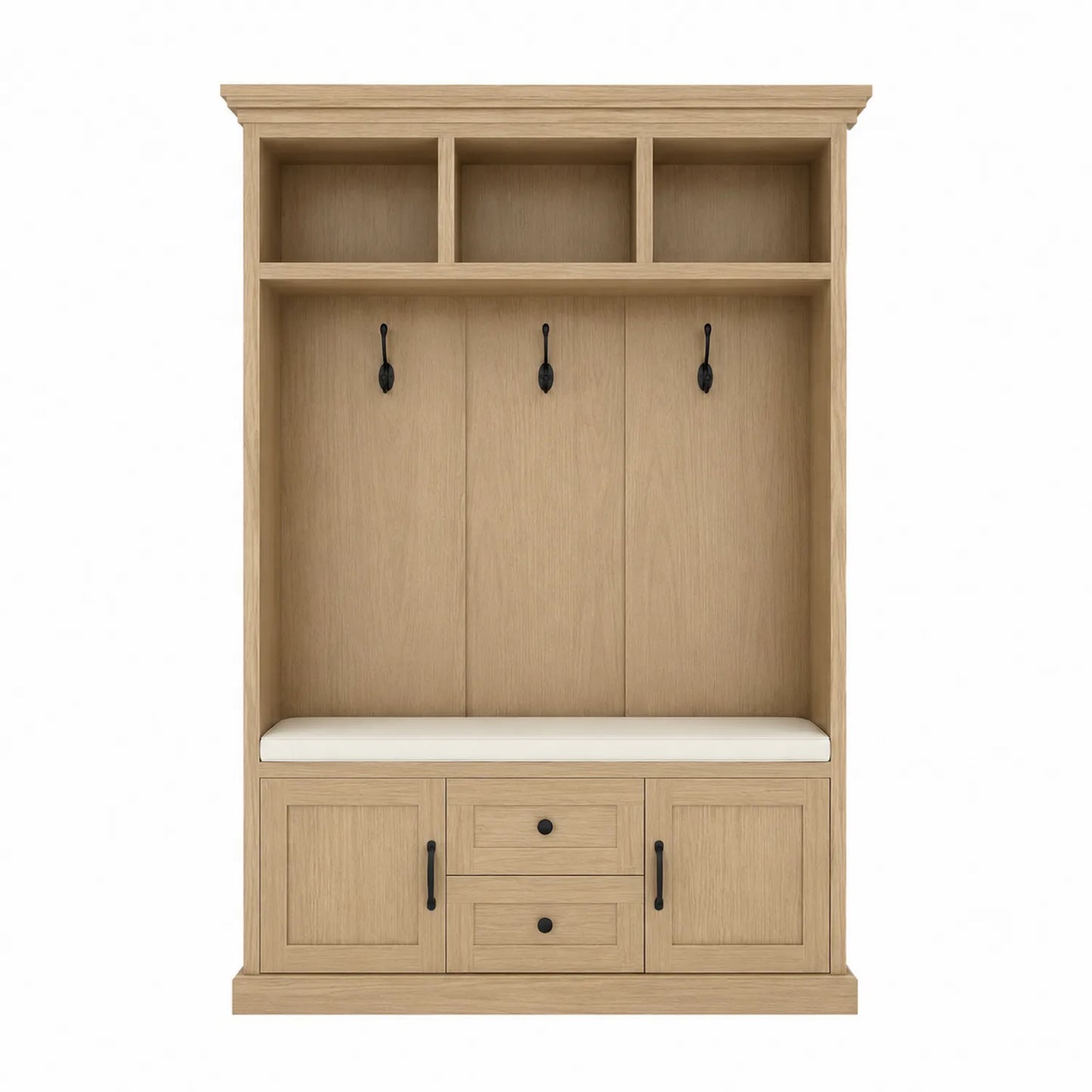 Banco de madera de roble con cojín beige, 3 estantes, 4 ganchos, 2 puertas y 2 cajones