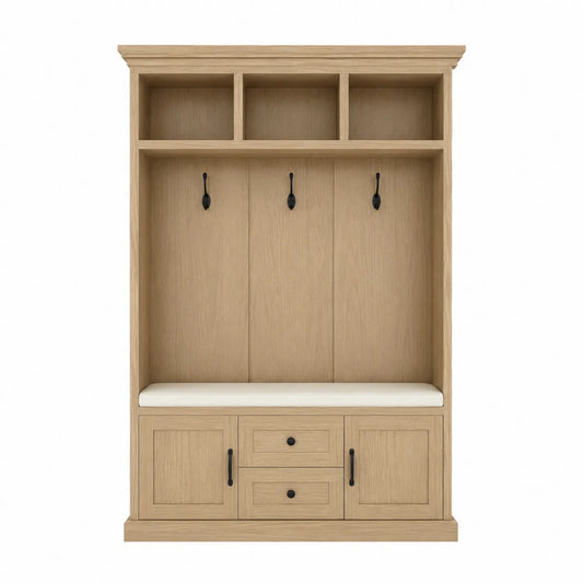 Banco de madera de roble con cojín beige, 3 estantes, 4 ganchos, 2 puertas y 2 cajones