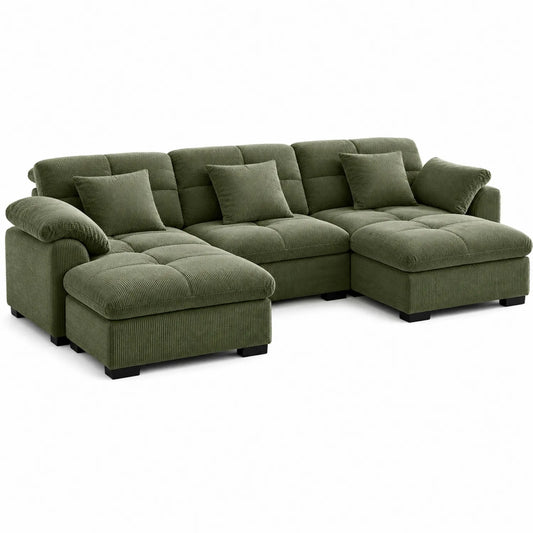 Sofá chaise longue en L de pana verde y madera contrachapada