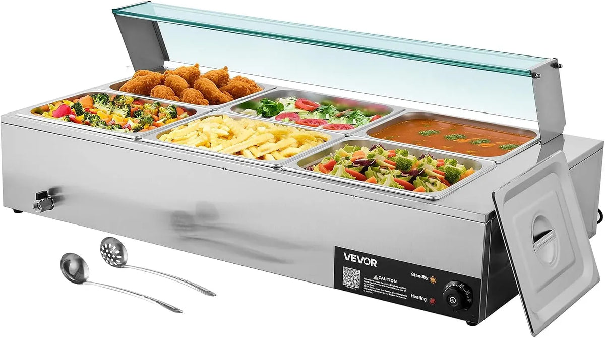 VEVOR Chafing Dish Warmhaltebehälter, gewerblich, Restaurant, Gastronomie, Edelstahl, 6 x 1/2 Größe Behälter, 1,5 kW