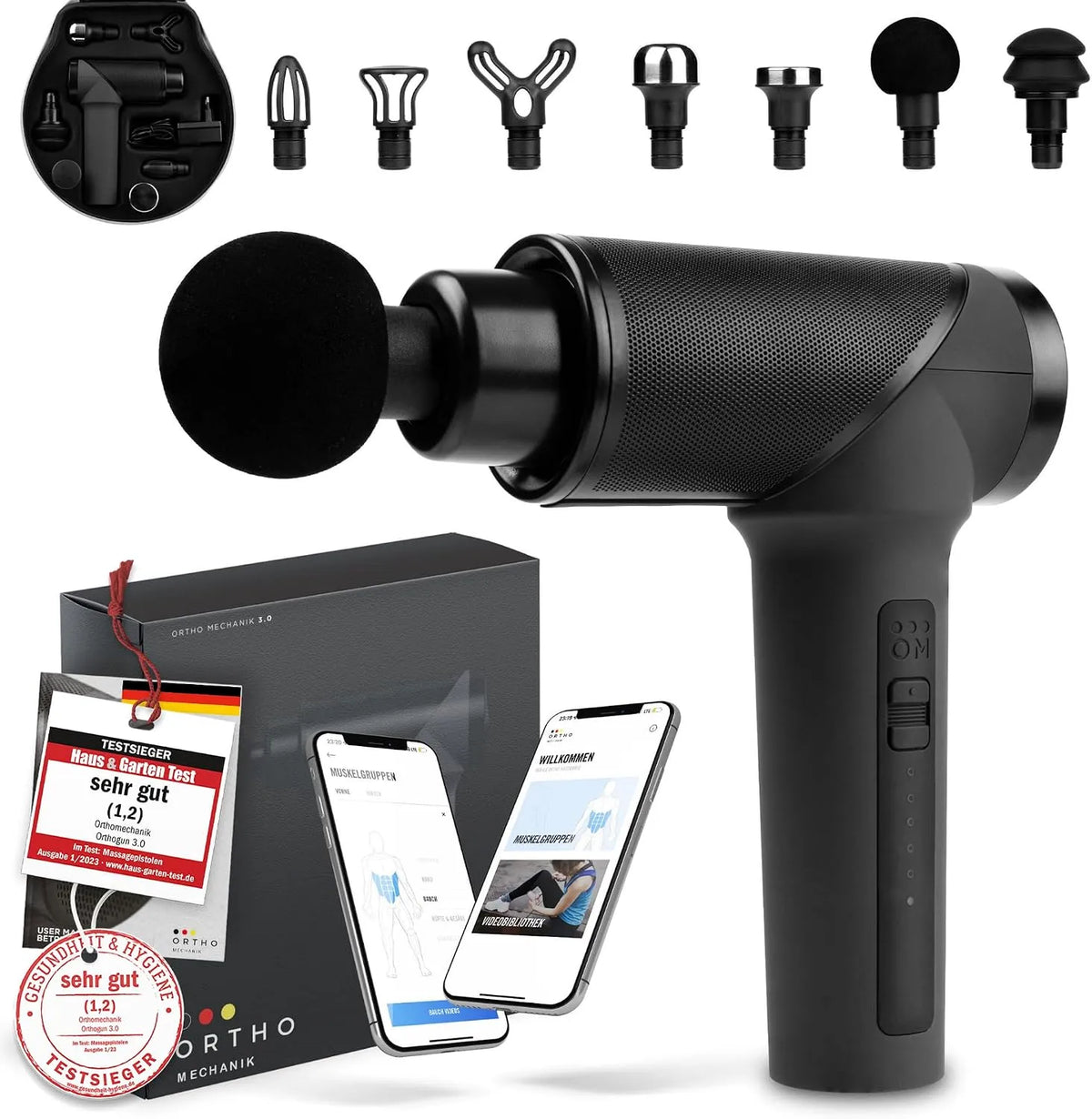 Massagepistole, Koffer, Motor, Muskelmassagegerät, 160 W, für Schmerzlinderung & Entspannung I Bis zu 360 Min. Lau