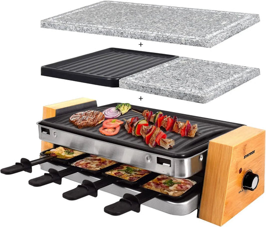 RAC-1500W-Lugano Holz Design, Heißer Stein, Raclette mit 4 Platten mit antihaftbeschichteter Grillplatte und Natursteinplatte, für 8 Personen