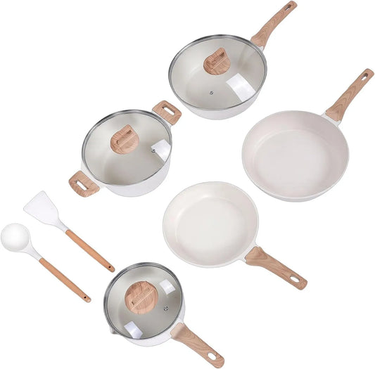 10-teilig Antihaftbeschichtetes Granit-Kochgeschirr-Set, Töpfe und Pfannen aus Aluminiumguss mit Deckel aus Gehärtetem Glas, für Stapelbares Küchenset