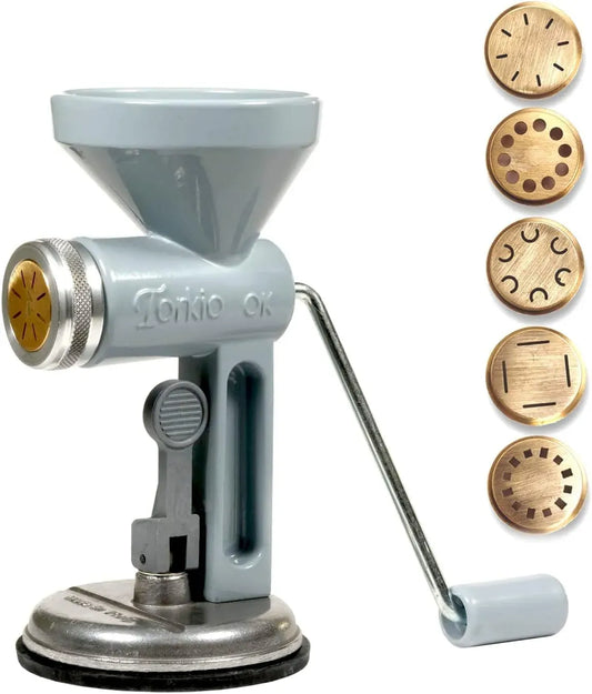 Nudelmaschine, Nudelbereiter, Nudelbereiter für frische Pasta, Nudelmaschine manuell mit Saugnapf und 5 Matrizen aus Messing für Pasta