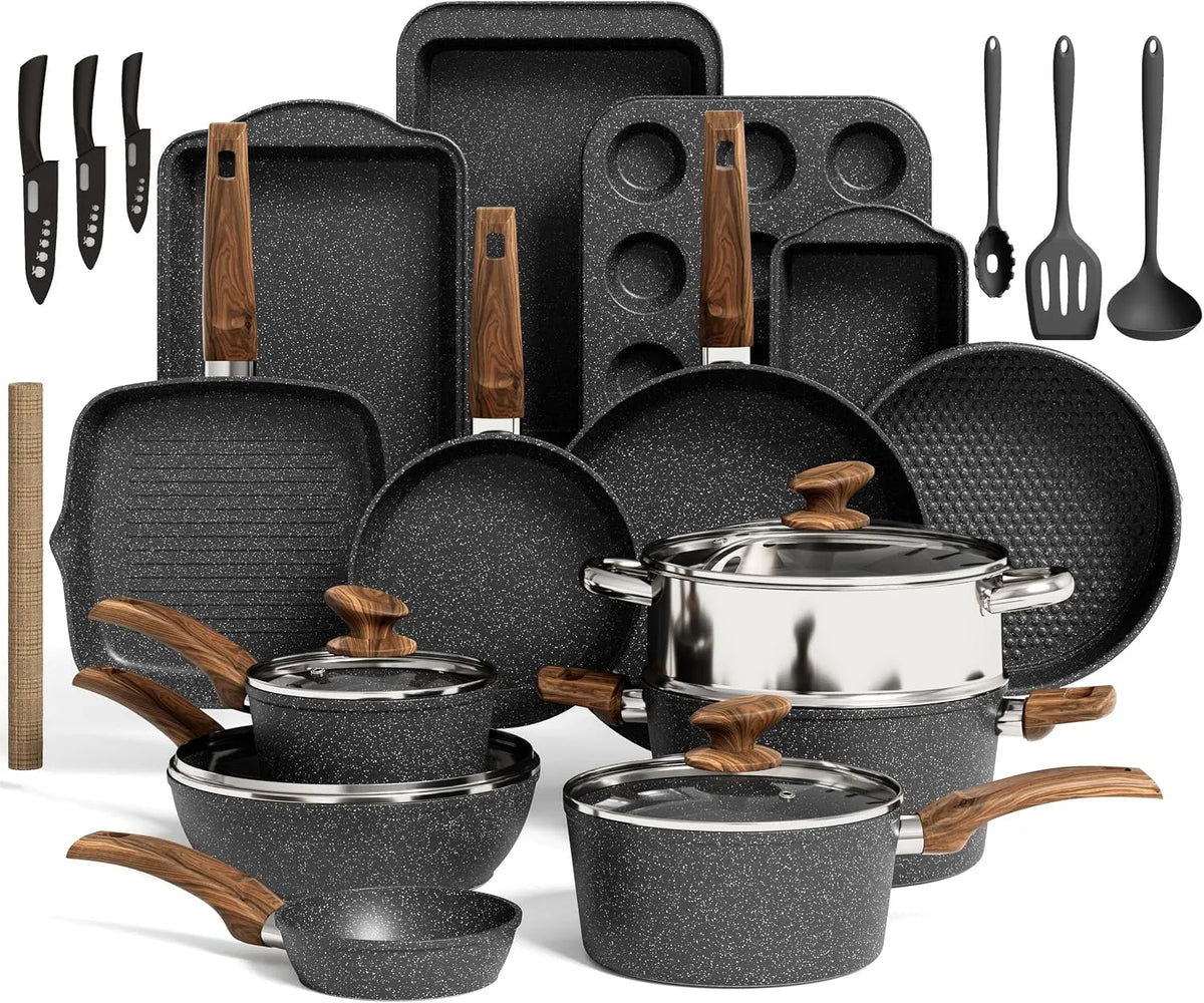 30-teiliges schwarzes Granit-Kochpfannen-Set, für Küche Induktion Kochgeschirr & Backgeschirr Set, antihaftbeschichtete Töpfe und Pfannen Set
